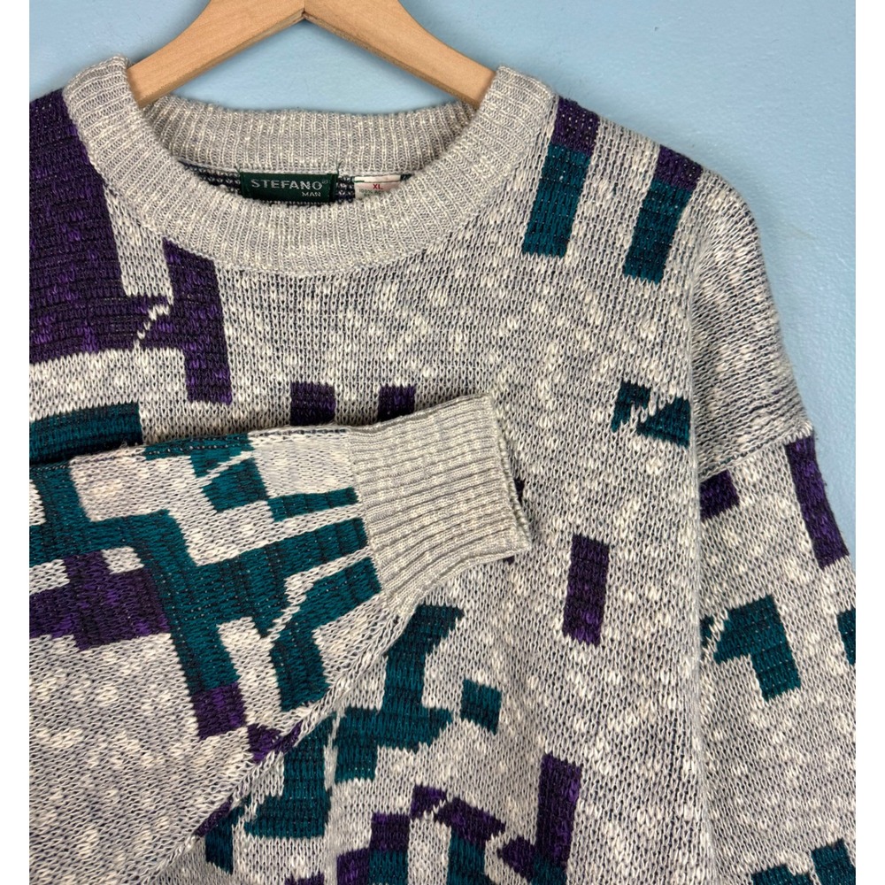 VTG Stefano Man Geometric Abstract Crewneck Sweater Men's XL Gray Purple Acrylic